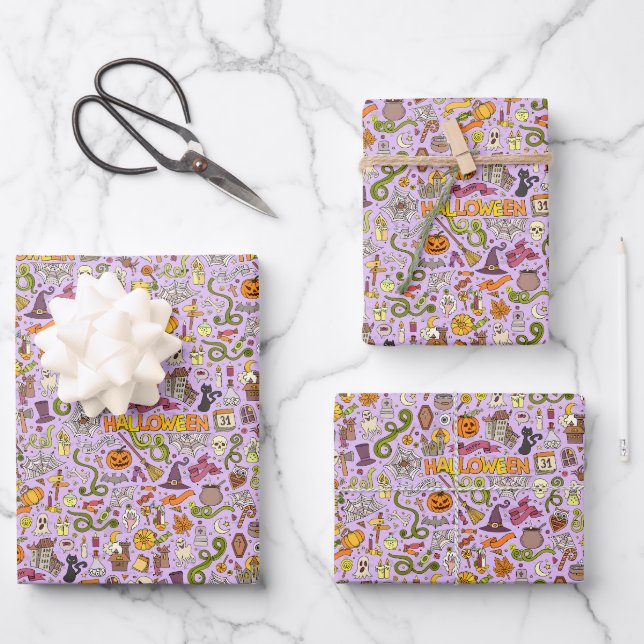 Cute Halloween Doodle Pattern Wrapping Paper Sheets (Front)