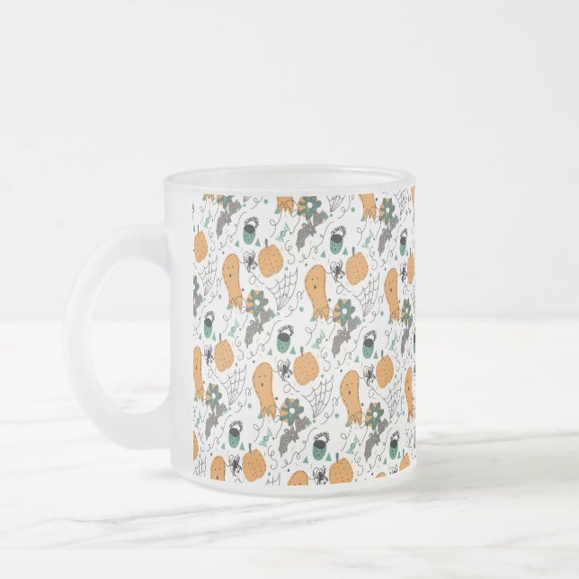 Cute Halloween Doodles Pumpkin Ghost Bat Pattern Frosted Glass Coffee Mug (Left)
