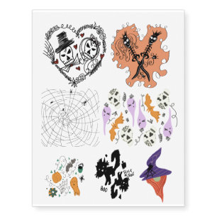 Cute Halloween Doodles Skelton Ghost Witch Gnome Temporary Tattoos