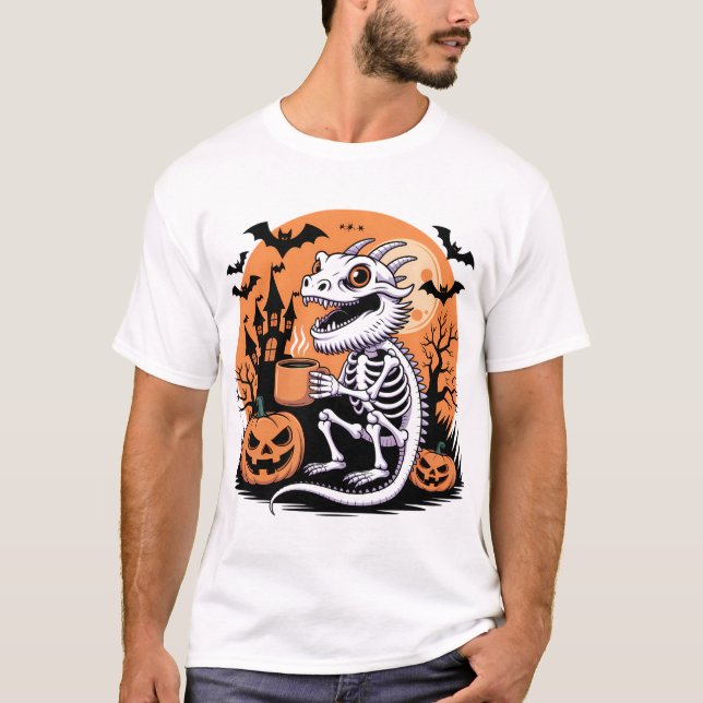 Cute Halloween Dragon Skeleton with Coffee T-Shirt (Front)