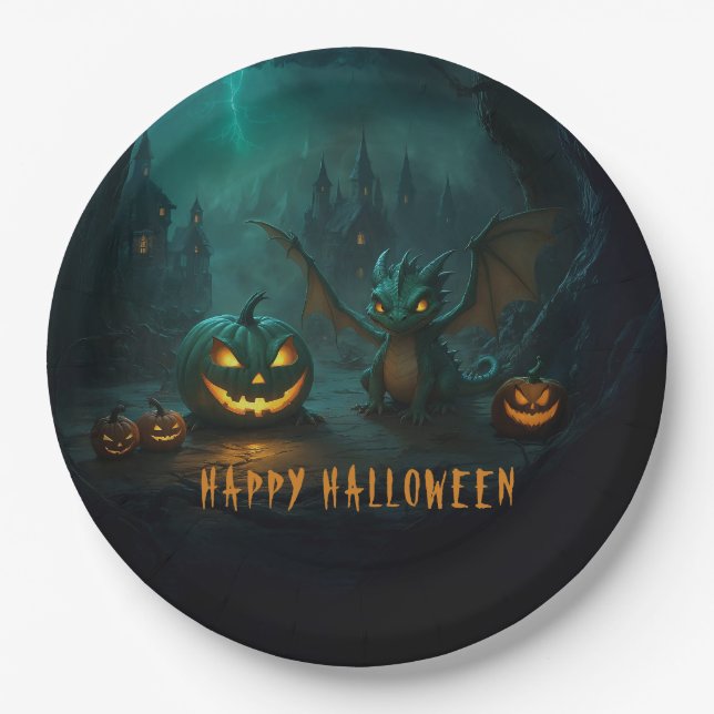 Cute  Halloween Dragon with Scary Pumpkins Paper Plates (Front)