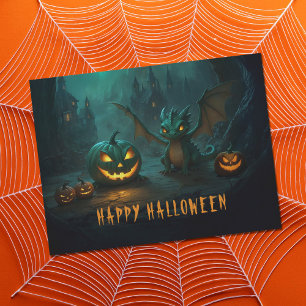 Cute Halloween Dragon with Scary Pumpkins Postcard