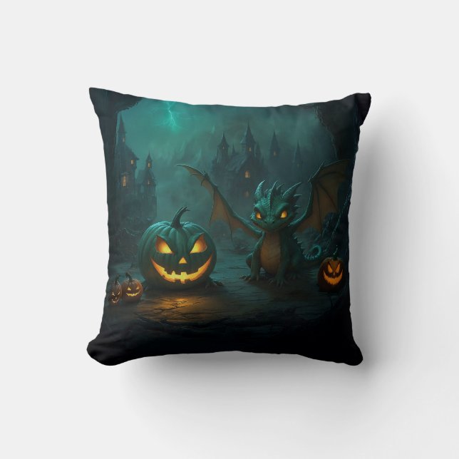 Cute Halloween Dragon with Scary Pumpkins Throw Pillow (Front)