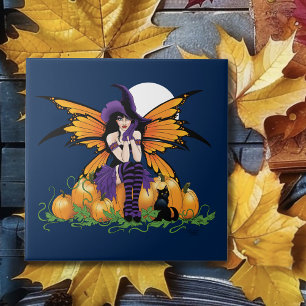 Cute Halloween Fairy Pumpkin Patch Black Cat Ceramic Tile