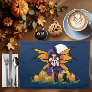 Cute Halloween Fairy Pumpkin Patch Black Cat Cloth Placemat