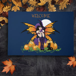 Cute Halloween Fairy Pumpkin Patch Black Cat Doormat