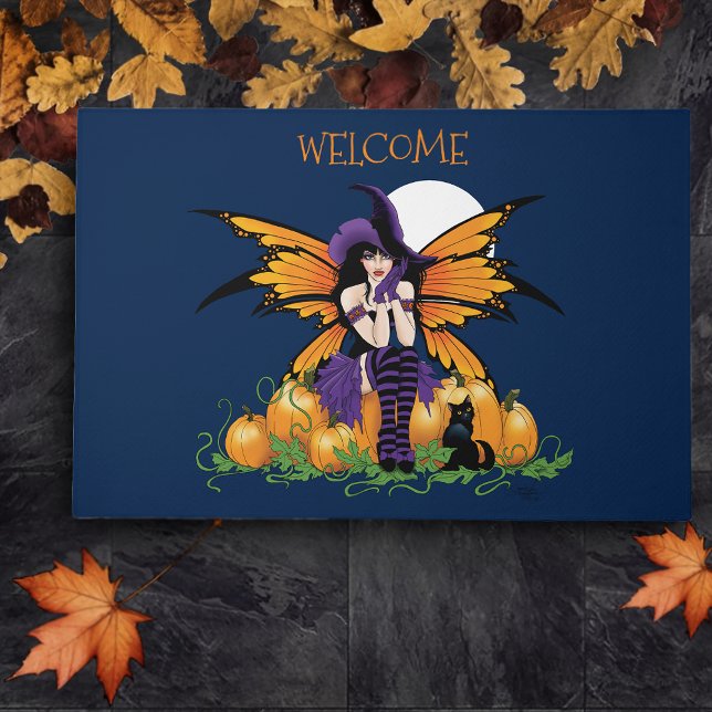Cute Halloween Fairy Pumpkin Patch Black Cat Doormat (Creator Uploaded)