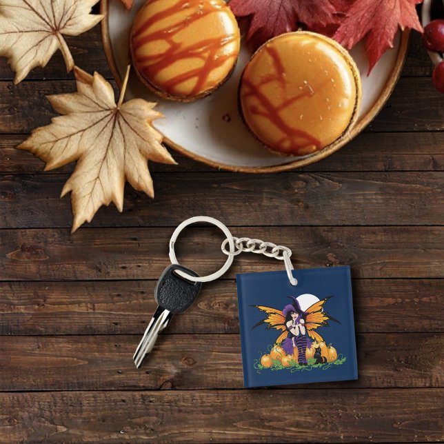 Cute Halloween Fairy Pumpkin Patch Black Cat Keychain (Creator Uploaded)