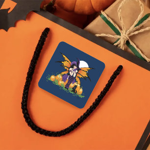 Cute Halloween Fairy Pumpkin Patch Black Cat Square Sticker