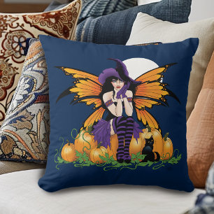 Cute Halloween Fairy Pumpkin Patch Black Cat Throw Pillow