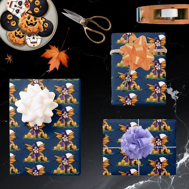Cute Halloween Fairy Pumpkin Patch Black Cat Wrapping Paper Sheets (Creator Uploaded)