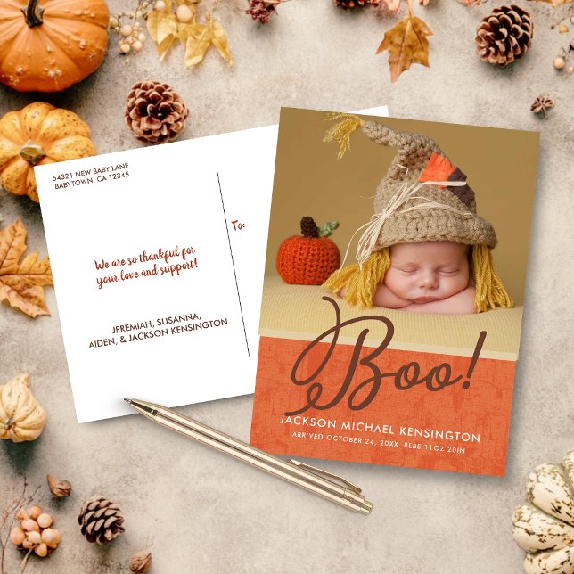 Cute Halloween Fall Autumn Baby Birth Photo Announcement Postcard (Cute Halloween Fall Autumn Baby Birth Photo Announcement Postcard)