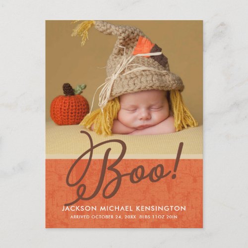 Cute Halloween Fall Autumn Baby Birth Photo Announcement Postcard