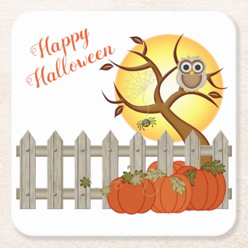 Cute Halloween Fall Autumn Pumpkins Owl Spider Square Paper Coaster