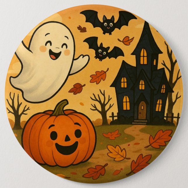 Cute Halloween/fall ghost pumpkin cartoon Button (Front)
