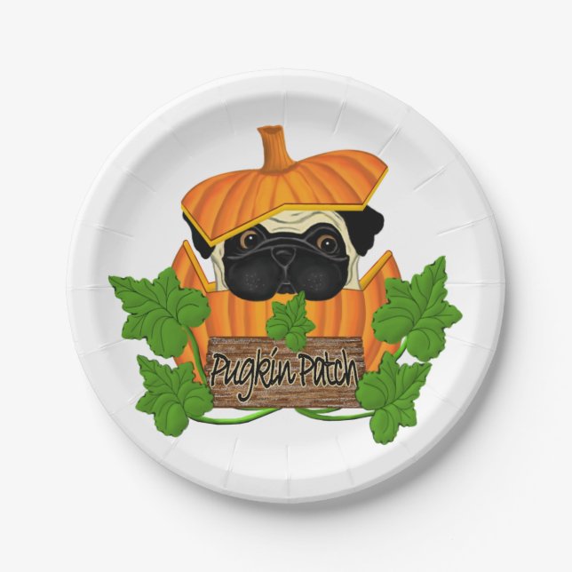 Cute Halloween Fall Pug Pugkin Pumpkin Patch Paper Plates (Front)