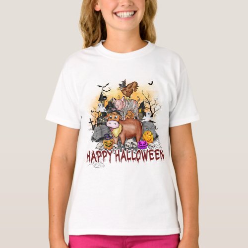 Cute Halloween Farm Animals Typography T_Shirt