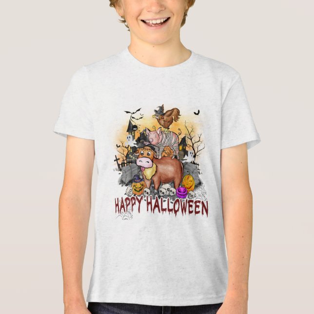Cute Halloween Farm Animals Typography Tri-Blend Shirt (Front)