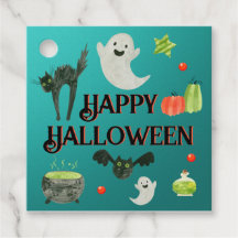 Cute Halloween Favor Tags Teal Ghost Cat Party