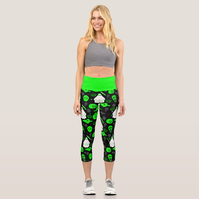 cute halloween floral ghost acid green  capri leggings (Front)