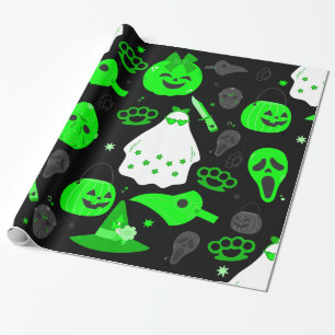 cute halloween floral ghost acid green wrapping paper