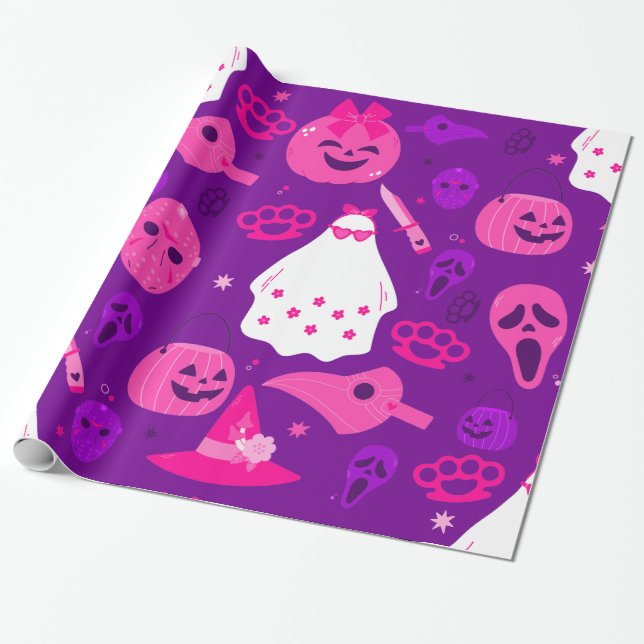 cute halloween floral ghost pink  wrapping paper (Unrolled)