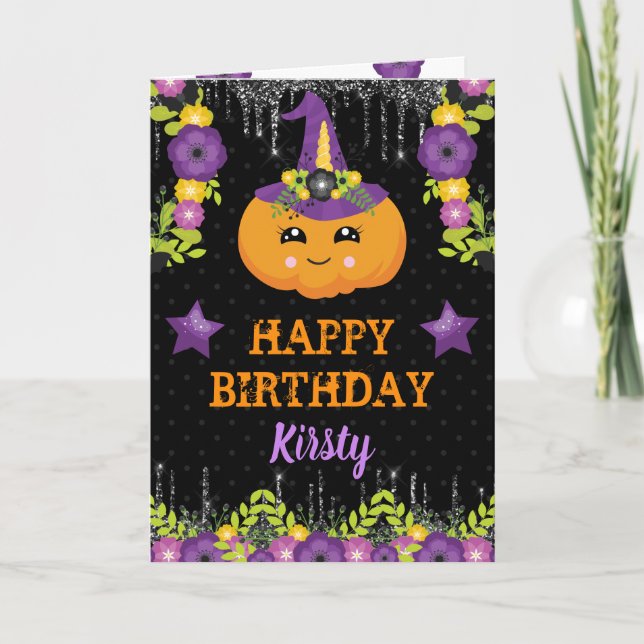 Cute Halloween Floral Pumpkin Happy Birthday Card (Front)