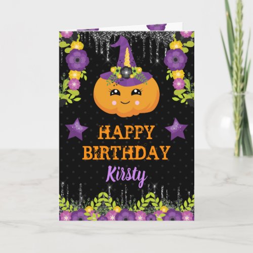 Cute Halloween Floral Pumpkin Happy Birthday Card
