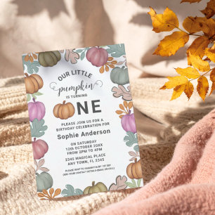 Cute Halloween & Foliage 1st Birthday Pastel Party Invitation