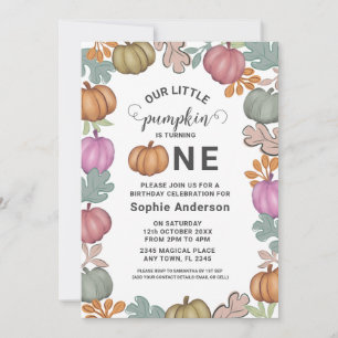 Cute Halloween & Foliage 1st Birthday Pastel Party Invitation