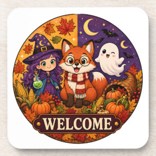 Cute Halloween Fox Witch Ghost Fall Autumn Welcome Beverage Coaster