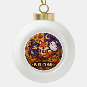 Cute Halloween Fox Witch Ghost Fall Autumn Welcome Ceramic Ball Christmas Ornament