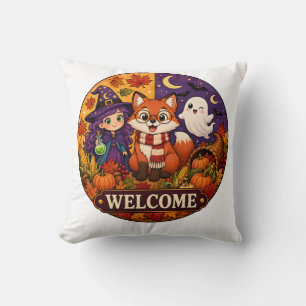 Cute Halloween Fox Witch Ghost Fall Autumn Welcome Throw Pillow