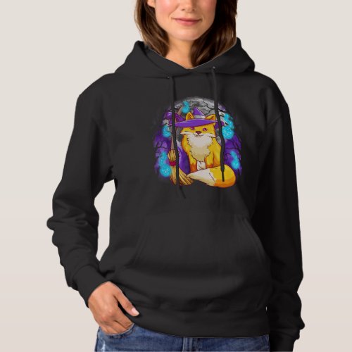 Cute Halloween Fox Witch with Moon and Tree Silhou Hoodie