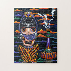 Cute Halloween Genie Girl Big Eyes Kitty Ghosts Jigsaw Puzzle