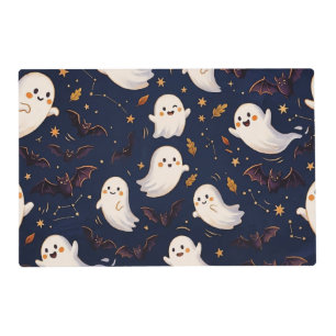 Cute Halloween Ghost and Bat Navy Blue Night Placemat