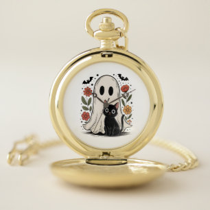 Cute Halloween Ghost and Cat Pocket Watch
