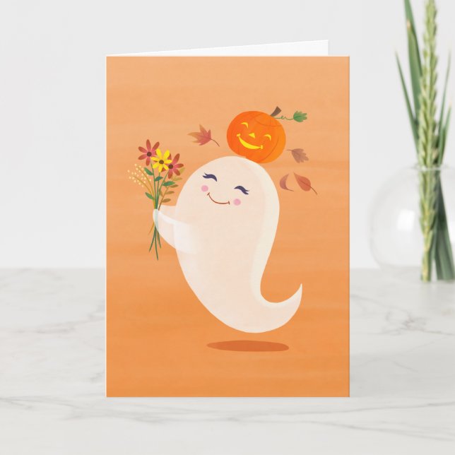 Cute Halloween Ghost and Flowers Card (Front)