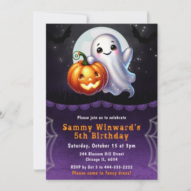Cute Halloween Ghost and Pumpkin Birthday Party Invitation (Front)