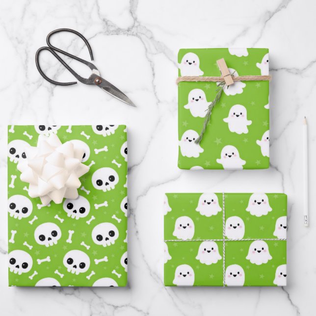 Cute Halloween Ghost and Skulls Patterns Wrapping Paper Sheets (Front)