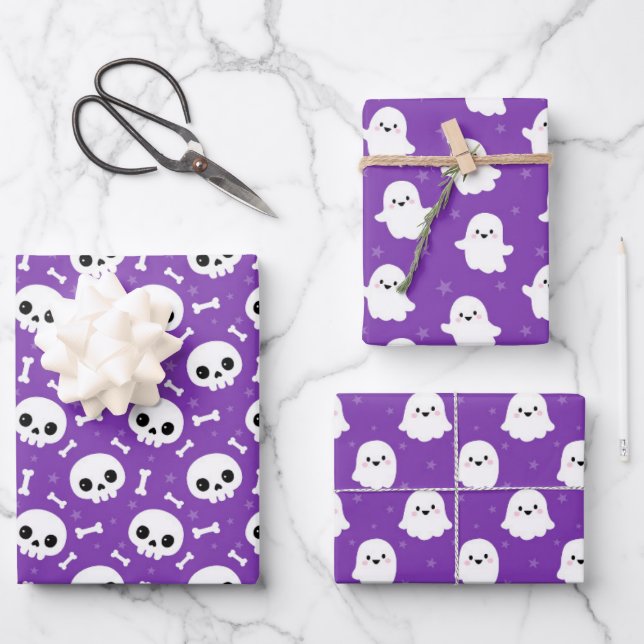 Cute Halloween Ghost and Skulls Patterns Wrapping Paper Sheets (Front)