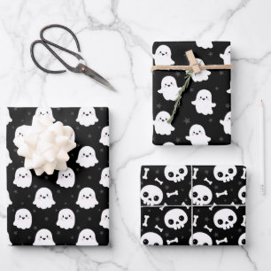 Cute Halloween Ghost and Skulls Patterns Wrapping Paper Sheets