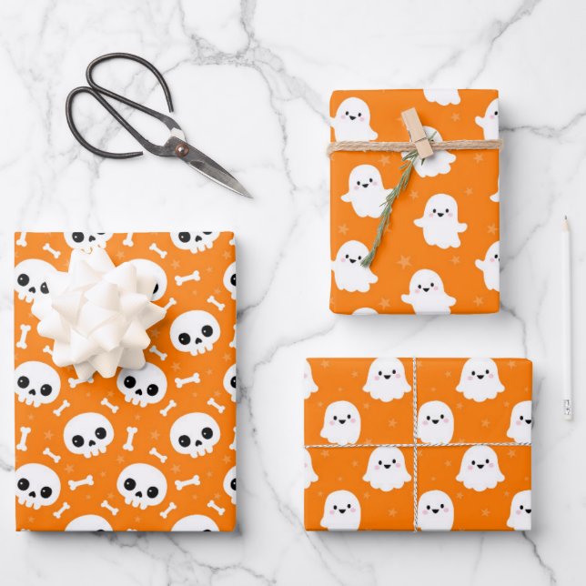 Cute Halloween Ghost and Skulls Patterns Wrapping Paper Sheets (Front)