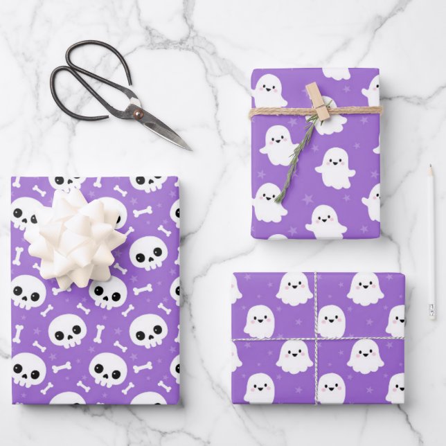 Cute Halloween Ghost and Skulls Patterns Wrapping Paper Sheets (Front)