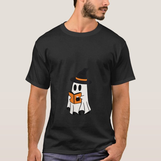 Cute Halloween Ghost as Witch Reading a Book V Nec T-Shirt (Front)