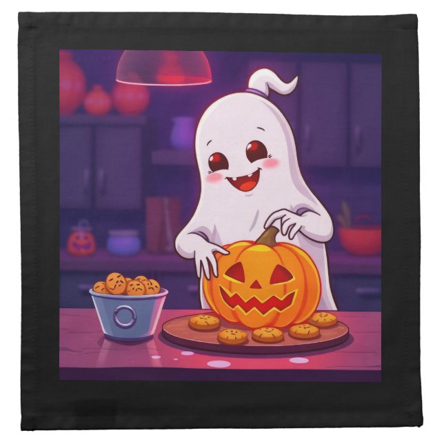 Cute Halloween Ghost Baking Cookies with Pumpkin Cloth Napkin (Front)