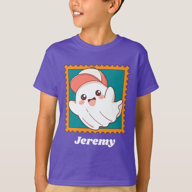 Cute Halloween Ghost Baseball Cap Kids Name T-Shirt (Front)