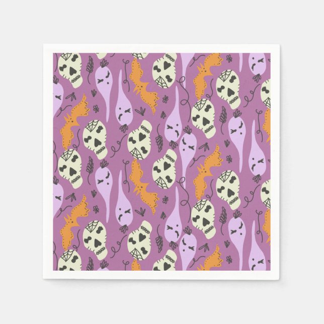 Cute Halloween Ghost Bat Skull Doodle Pattern Napkins (Front)