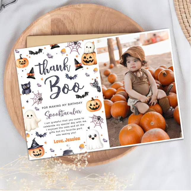 Cute Halloween Ghost Birthday Party Photo Thank You Card | Zazzle