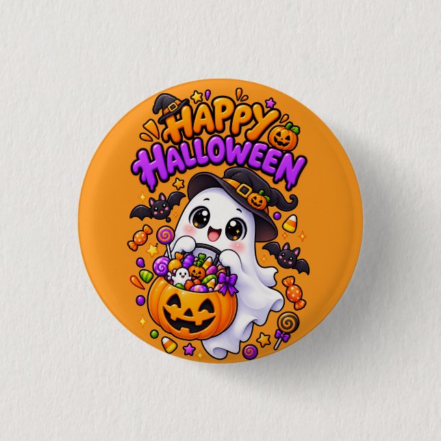 Cute Halloween Ghost Candy Pumpkin Button (Front)